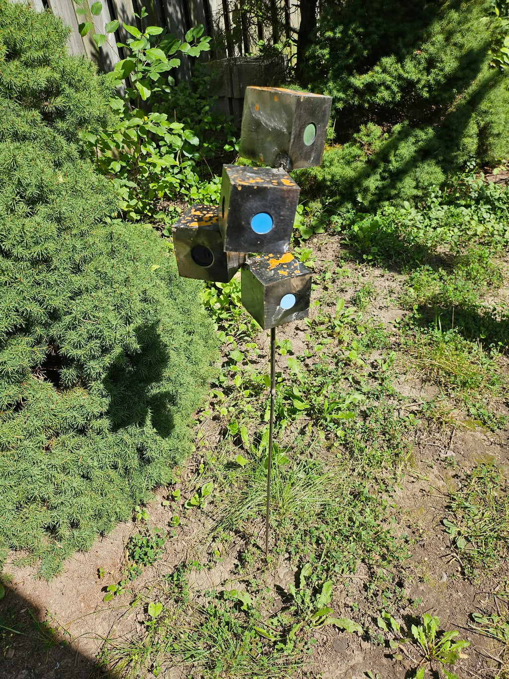 Four Cube Stack – Geometric Metal Garden Sculpture, 36" Outdoor Lawn Art, Handmade in Canada