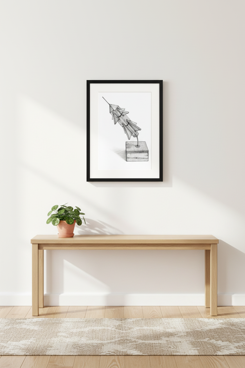 Space-themed geometric wall art print styled in a warm Scandinavian hallway entryway
