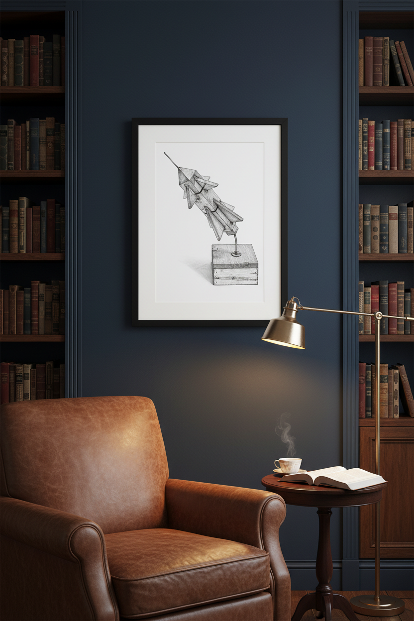 Space-themed geometric wall art print styled in a sophisticated navy study