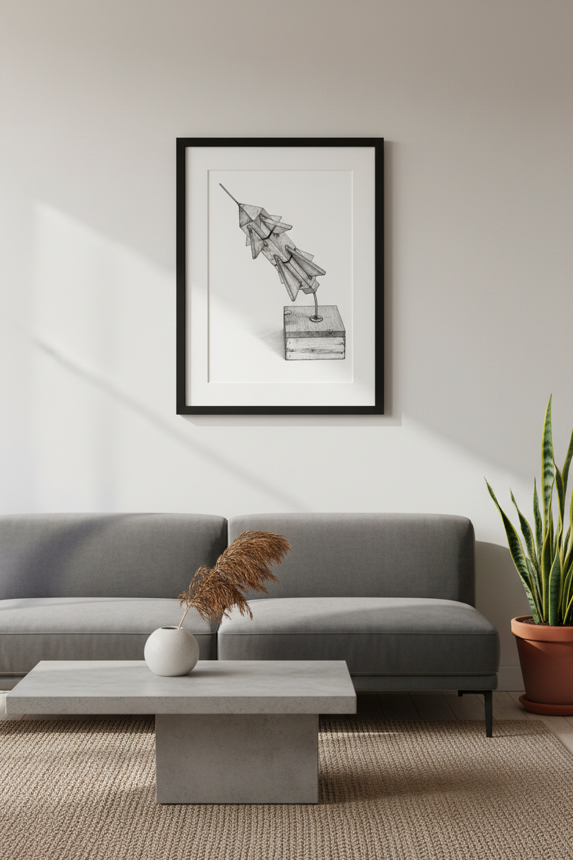 Space-themed geometric wall art print styled in a modern minimal living room
