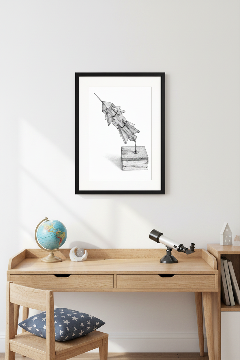 Space-themed geometric wall art print styled above a child's space-themed desk